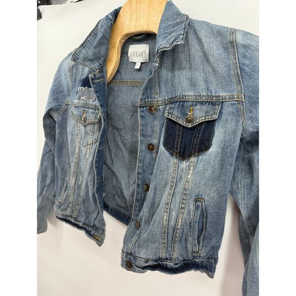 dELiA's Y2K Boho Southwestern Retro Denim Cropped Jean Jacket Large Festival - Picture 2 of 13